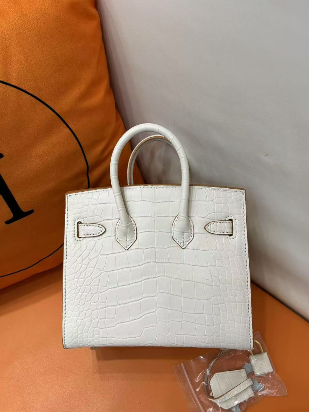 Mini Birkin 20cm Outer Stitching Tote Bag in Pure White Crocodile Pattern