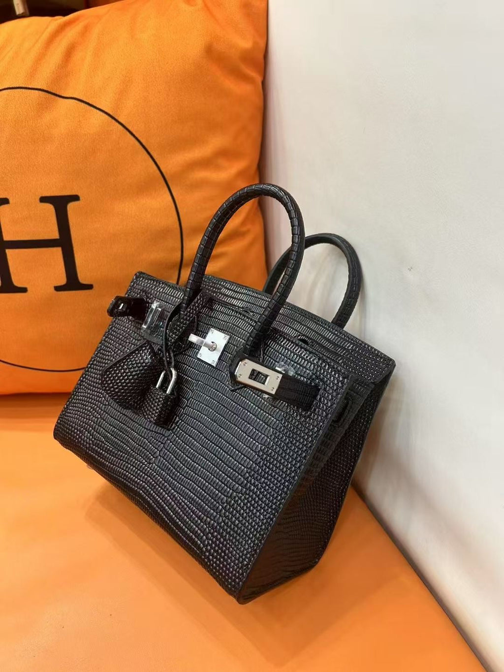 Mini Birkin 20cm Outer Stitching Tote Bag in Black Lizard Pattern