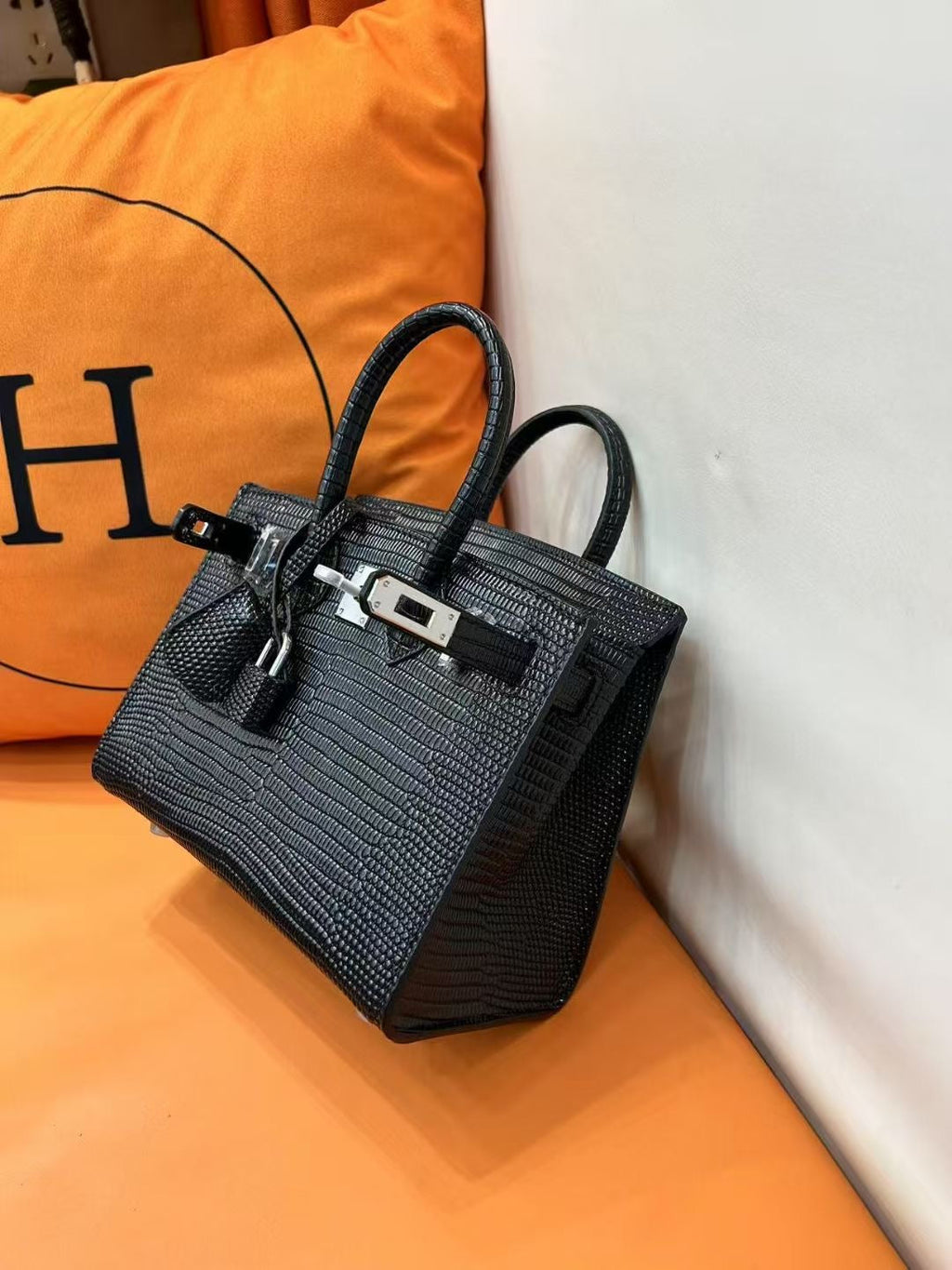 Mini Birkin 20cm Outer Stitching Tote Bag in Black Lizard Pattern