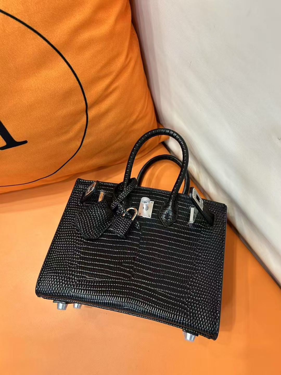 Mini Birkin 20cm Outer Stitching Tote Bag in Black Lizard Pattern