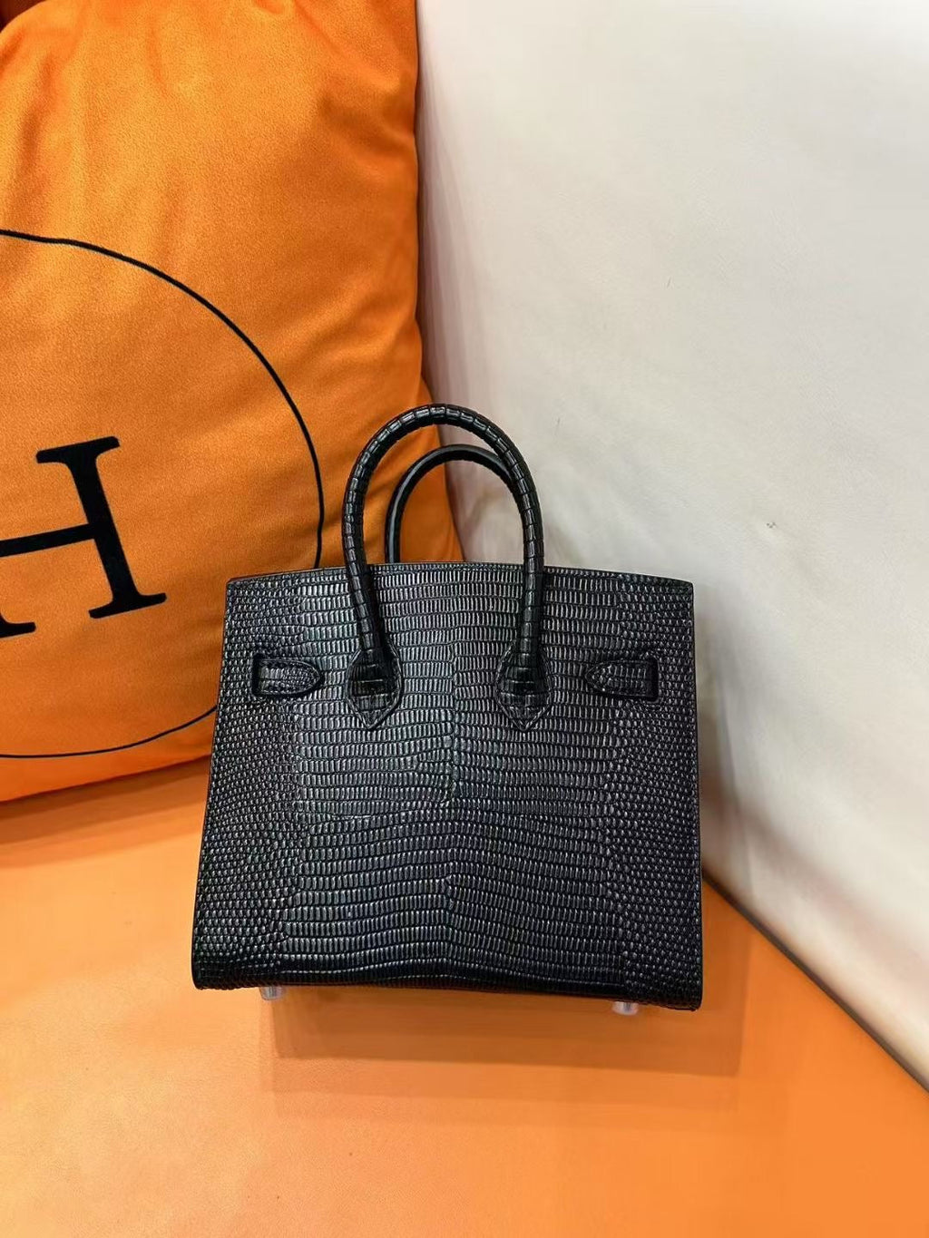 Mini Birkin 20cm Outer Stitching Tote Bag in Black Lizard Pattern