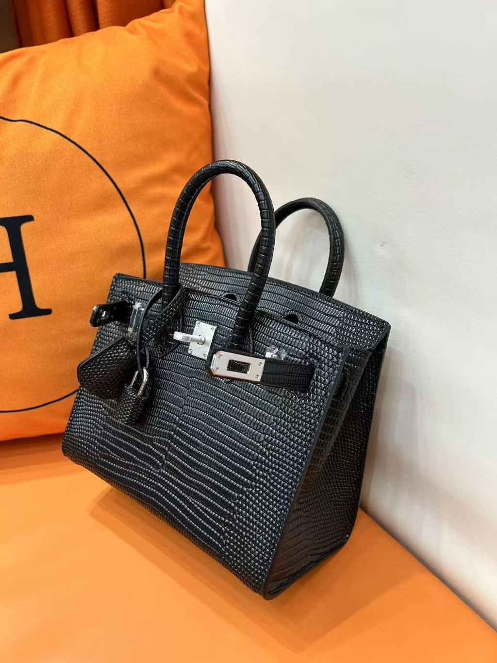 Mini Birkin 20cm Outer Stitching Tote Bag in Black Lizard Pattern