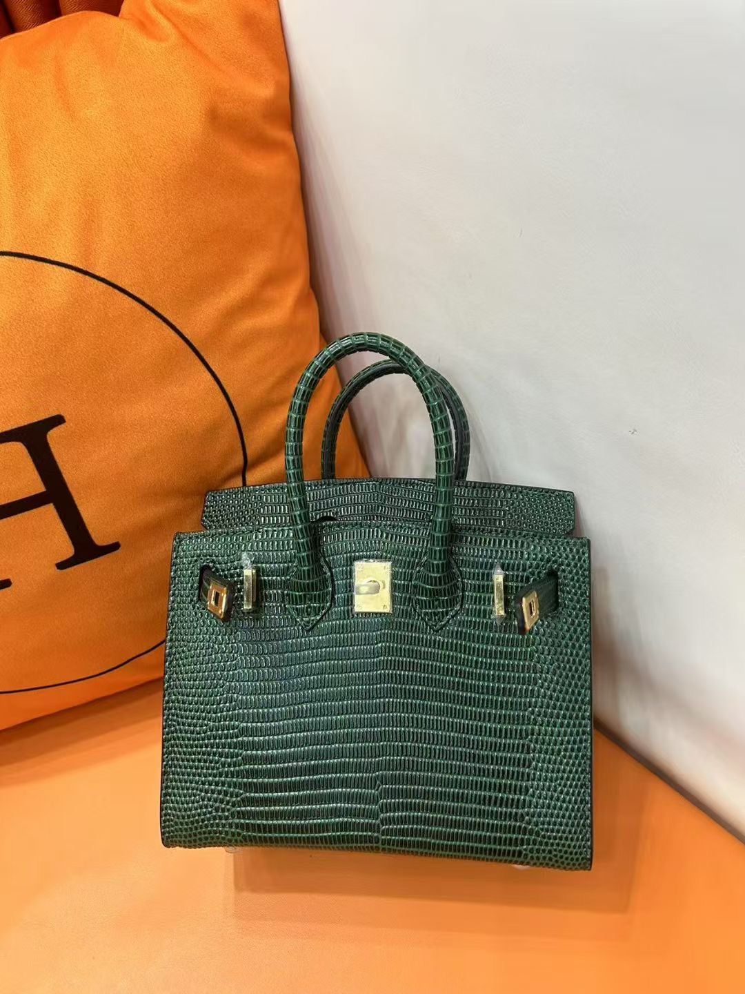 Mini Birkin 20cm Outer Stitching Tote Bag in Emerald Lizard Pattern