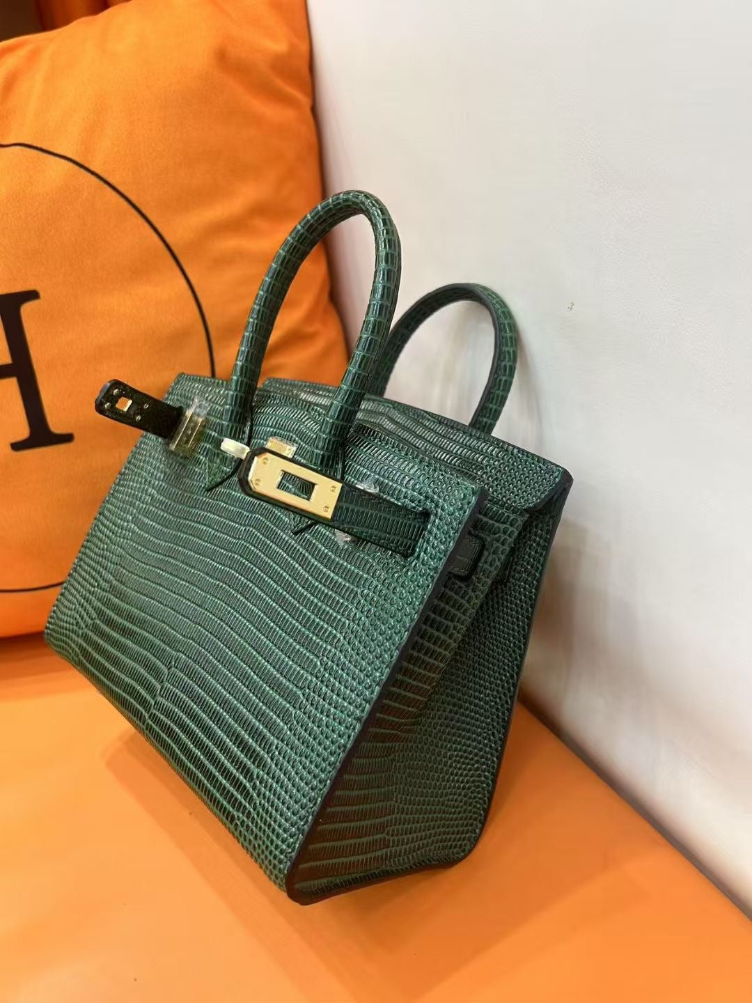 Mini Birkin 20cm Outer Stitching Tote Bag in Emerald Lizard Pattern