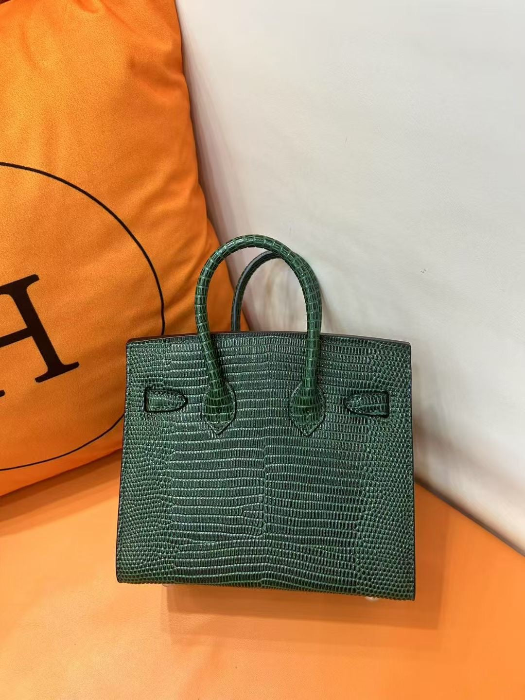 Mini Birkin 20cm Outer Stitching Tote Bag in Emerald Lizard Pattern