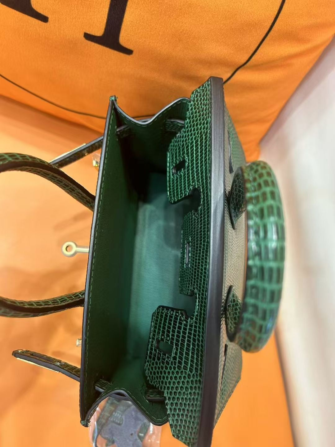 Mini Birkin 20cm Outer Stitching Tote Bag in Emerald Lizard Pattern