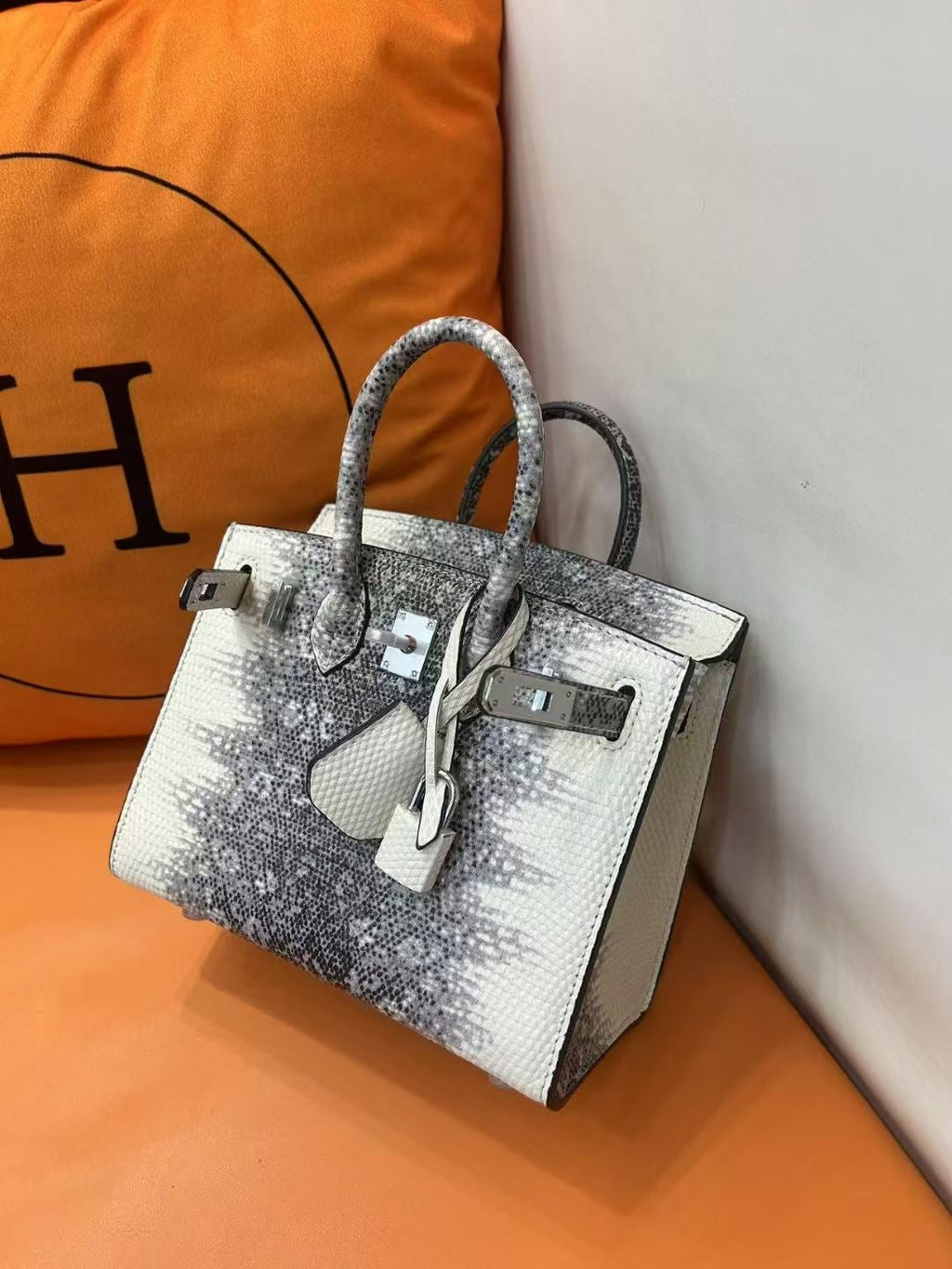 Mini Birkin 20cm Outer Stitching Tote Bag in Two-Tone Snow White Lizard Pattern