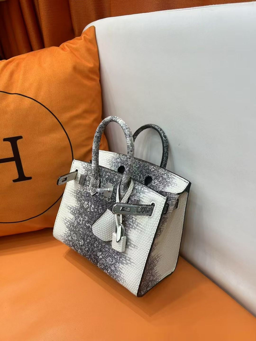 Mini Birkin 20cm Outer Stitching Tote Bag in Two-Tone Snow White Lizard Pattern