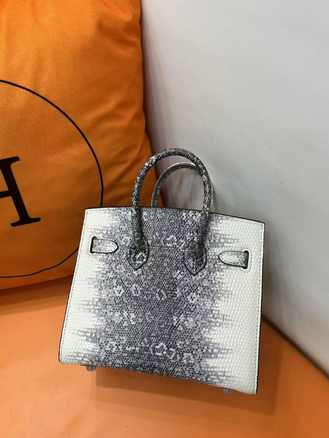 Mini Birkin 20cm Outer Stitching Tote Bag in Two-Tone Snow White Lizard Pattern