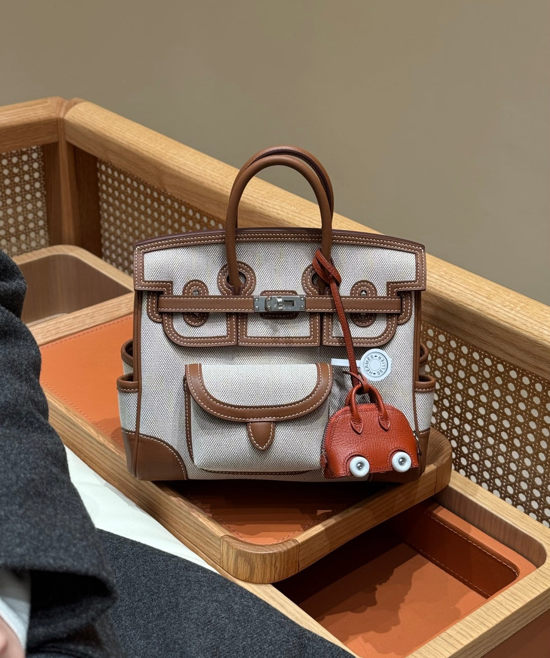 Multi-Pocket Birkin Cargo 25cm Tote in Gold Brown Leather & Canvas