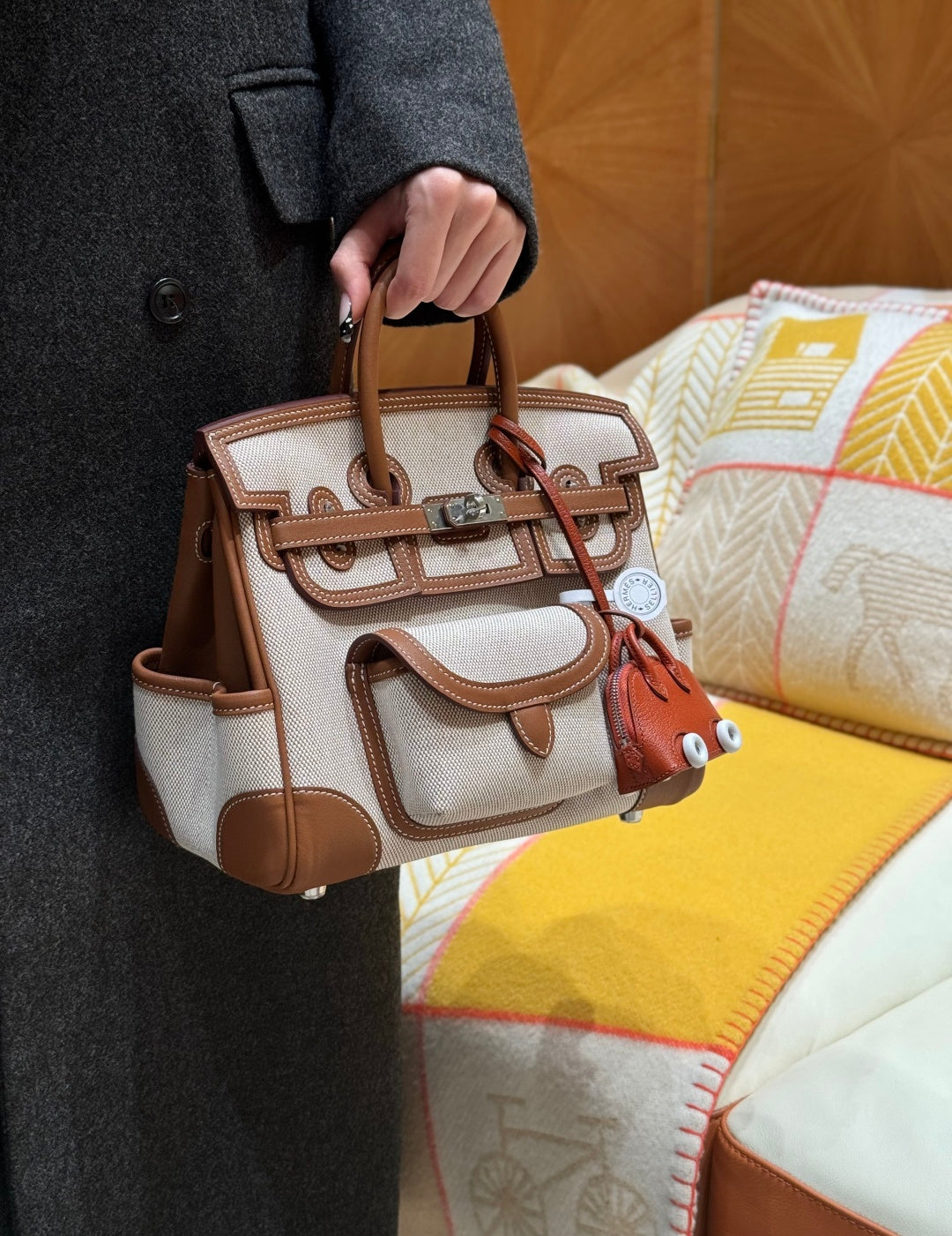 Multi-Pocket Birkin Cargo 25cm Tote in Gold Brown Leather & Canvas