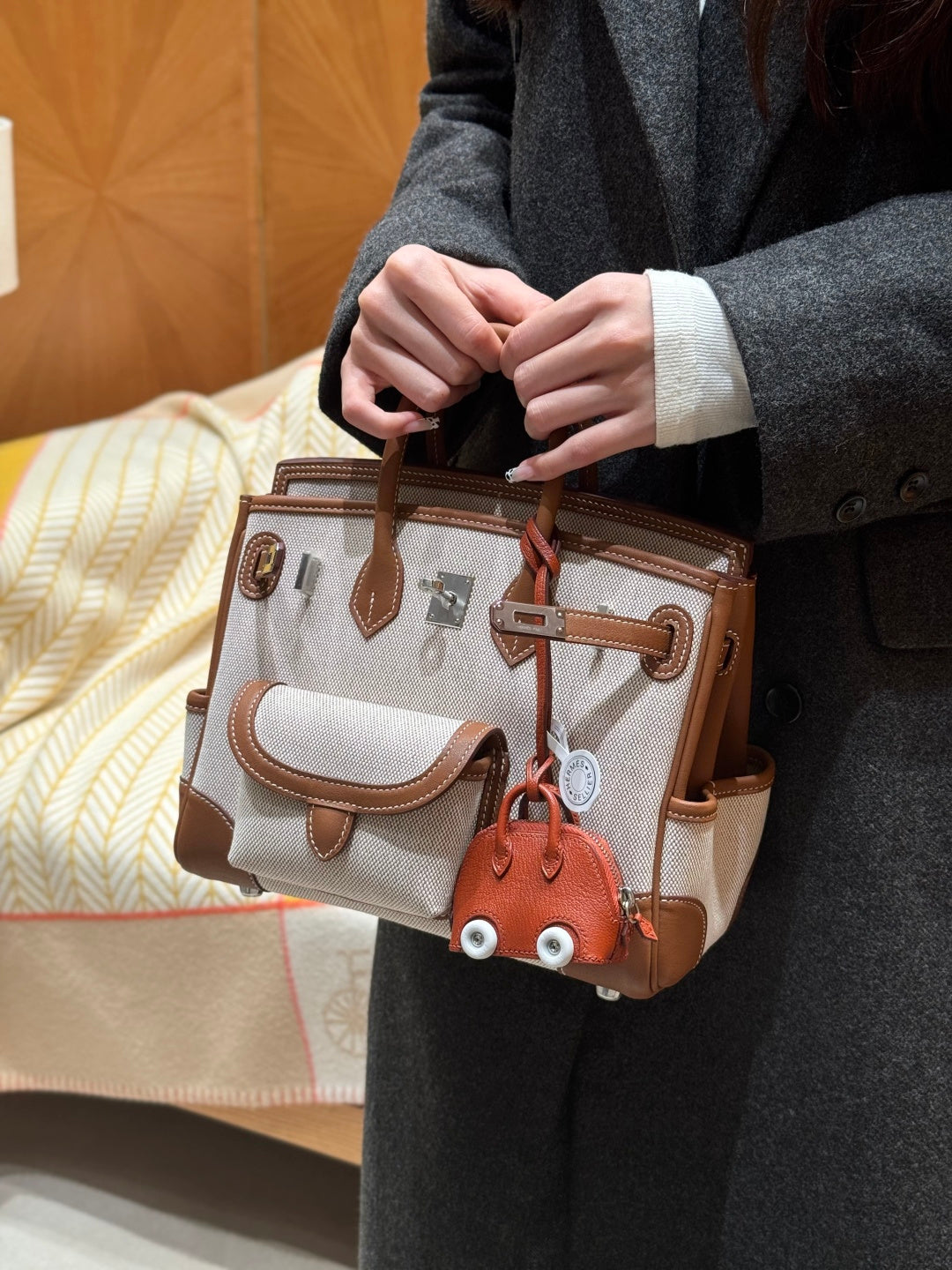 Multi-Pocket Birkin Cargo 25cm Tote in Gold Brown Leather & Canvas