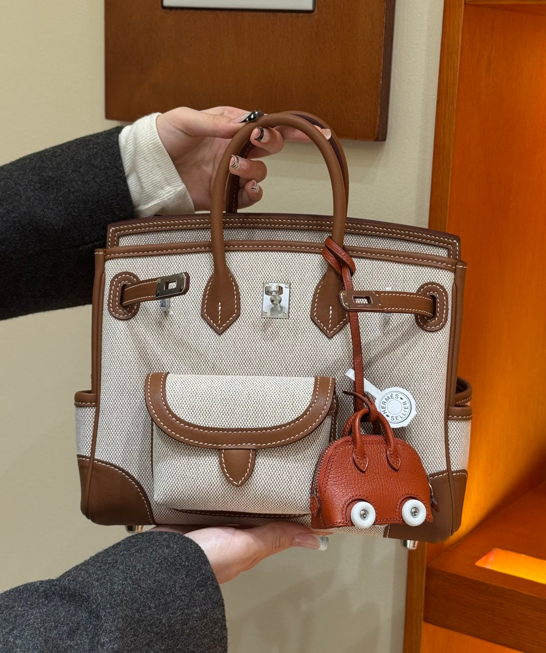 Multi-Pocket Birkin Cargo 25cm Tote in Gold Brown Leather & Canvas