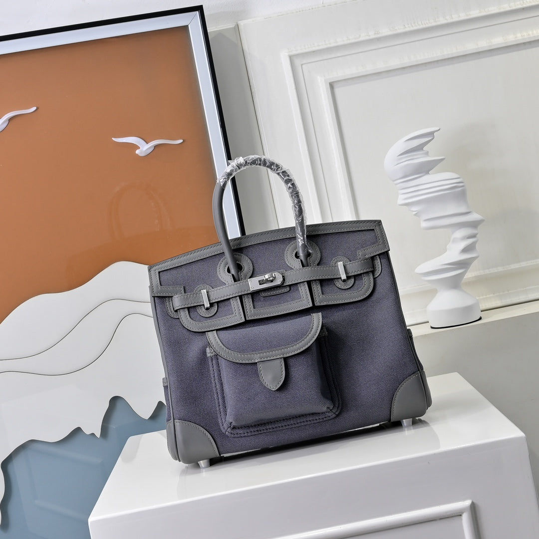 Birkin Cargo 25 Etain Grey Swift Leather and Canvas Splicing Bag