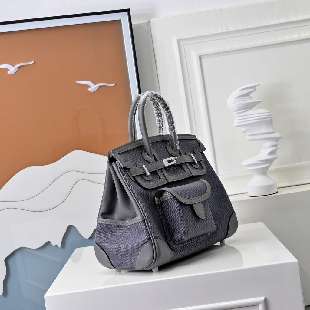 Birkin Cargo 25 Etain Grey Swift Leather and Canvas Splicing Bag
