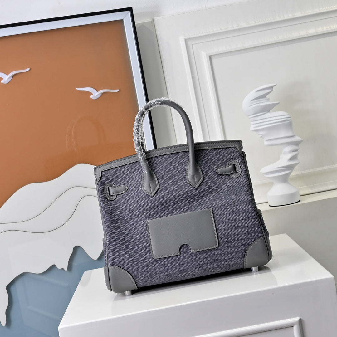 Birkin Cargo 25 Etain Grey Swift Leather and Canvas Splicing Bag