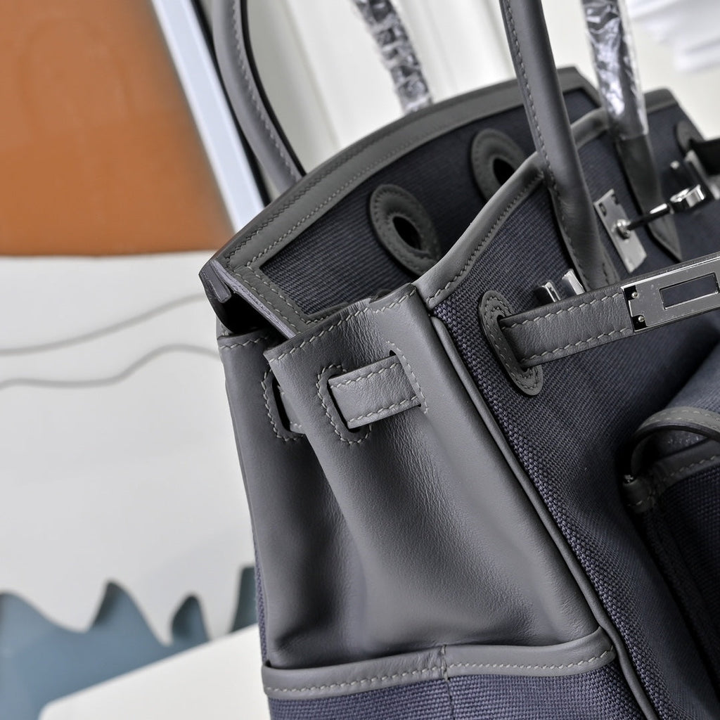 Birkin Cargo 25 Etain Grey Swift Leather and Canvas Splicing Bag