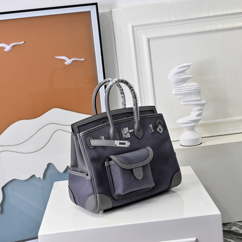 Birkin Cargo 25 Etain Grey Swift Leather and Canvas Splicing Bag