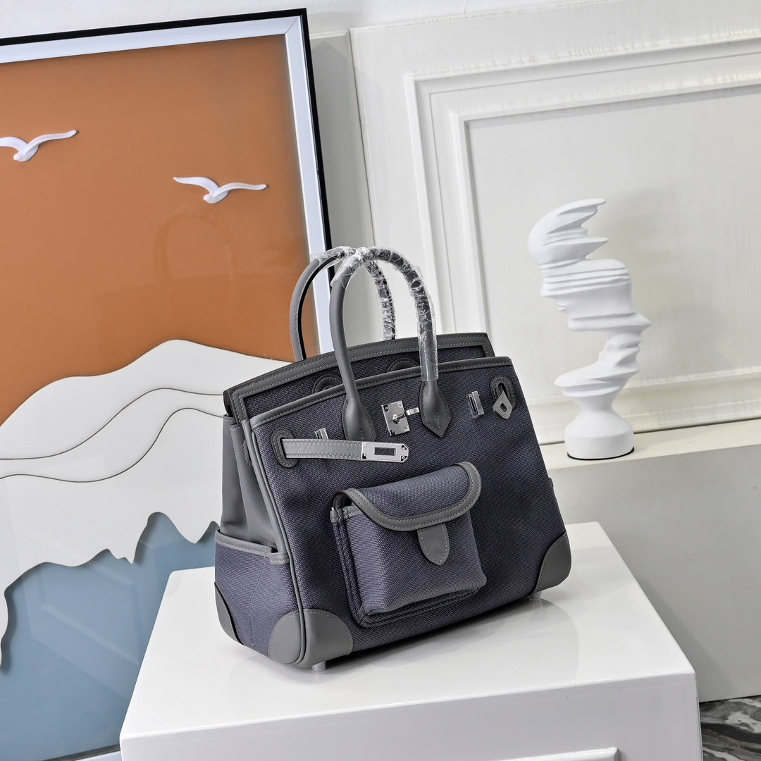Birkin Cargo 25 Etain Grey Swift Leather and Canvas Splicing Bag
