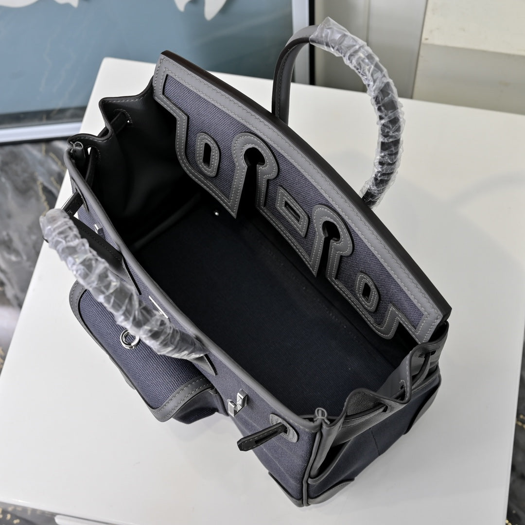 Birkin Cargo 25 Etain Grey Swift Leather and Canvas Splicing Bag