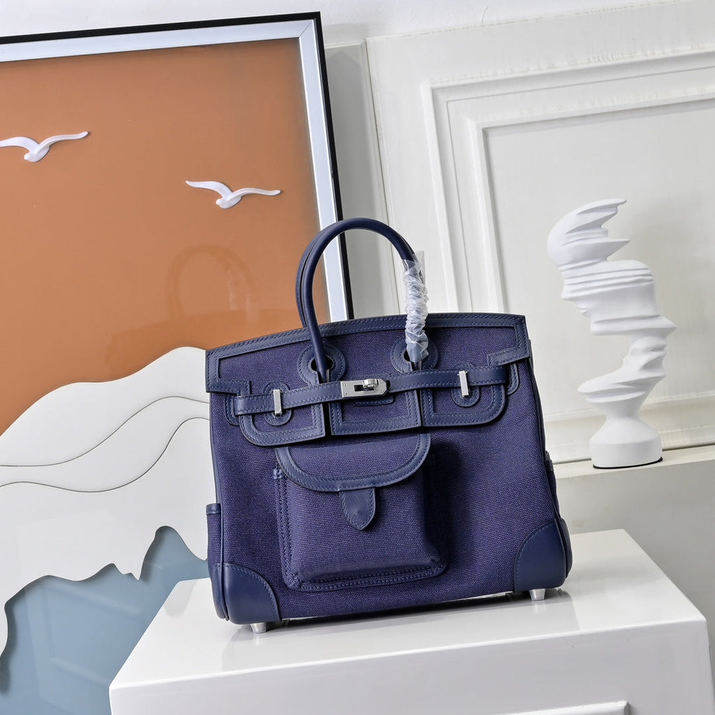 Birkin Cargo 25 Navy Blue Swift Leather and Canvas Splicing Bag