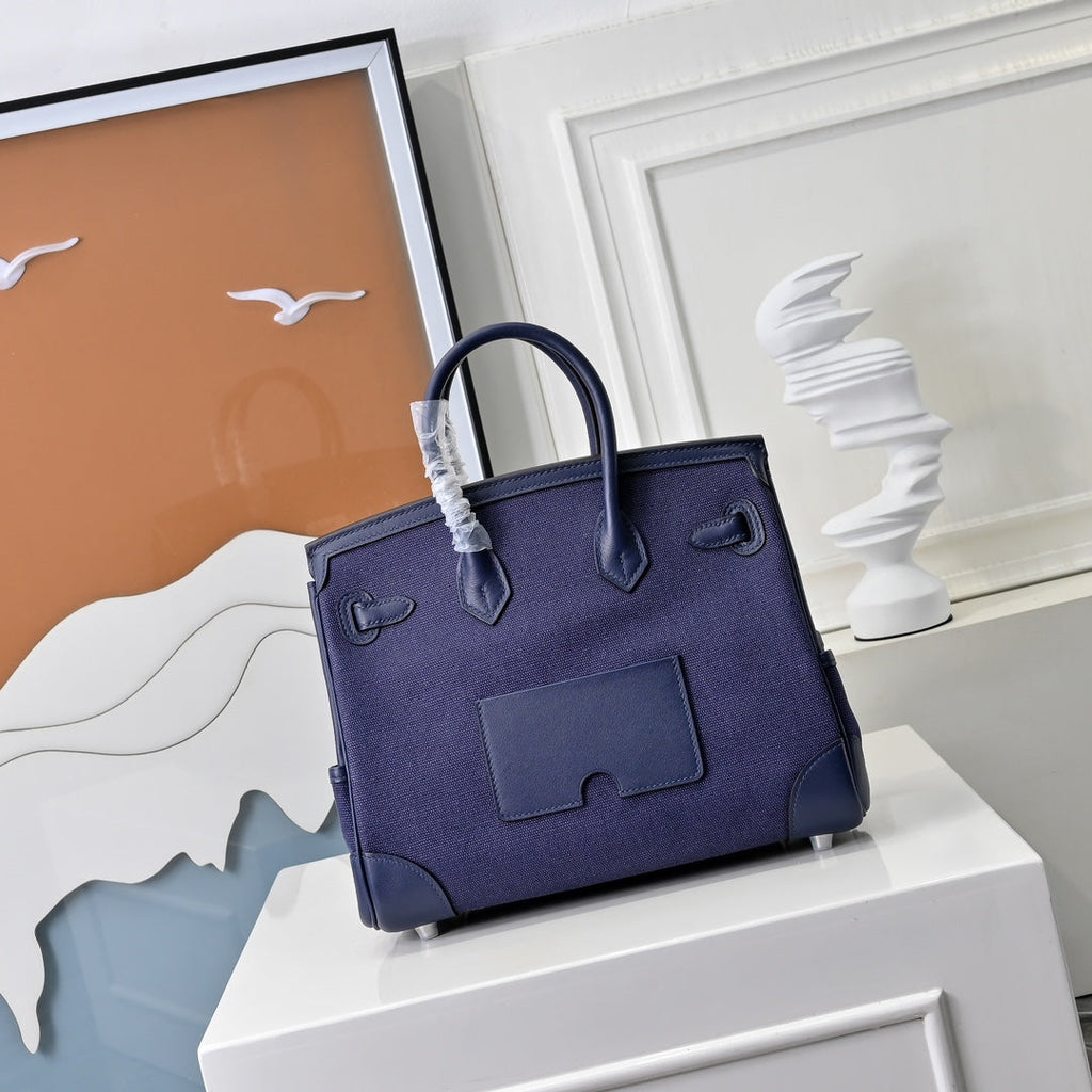 Birkin Cargo 25 Navy Blue Swift Leather and Canvas Splicing Bag