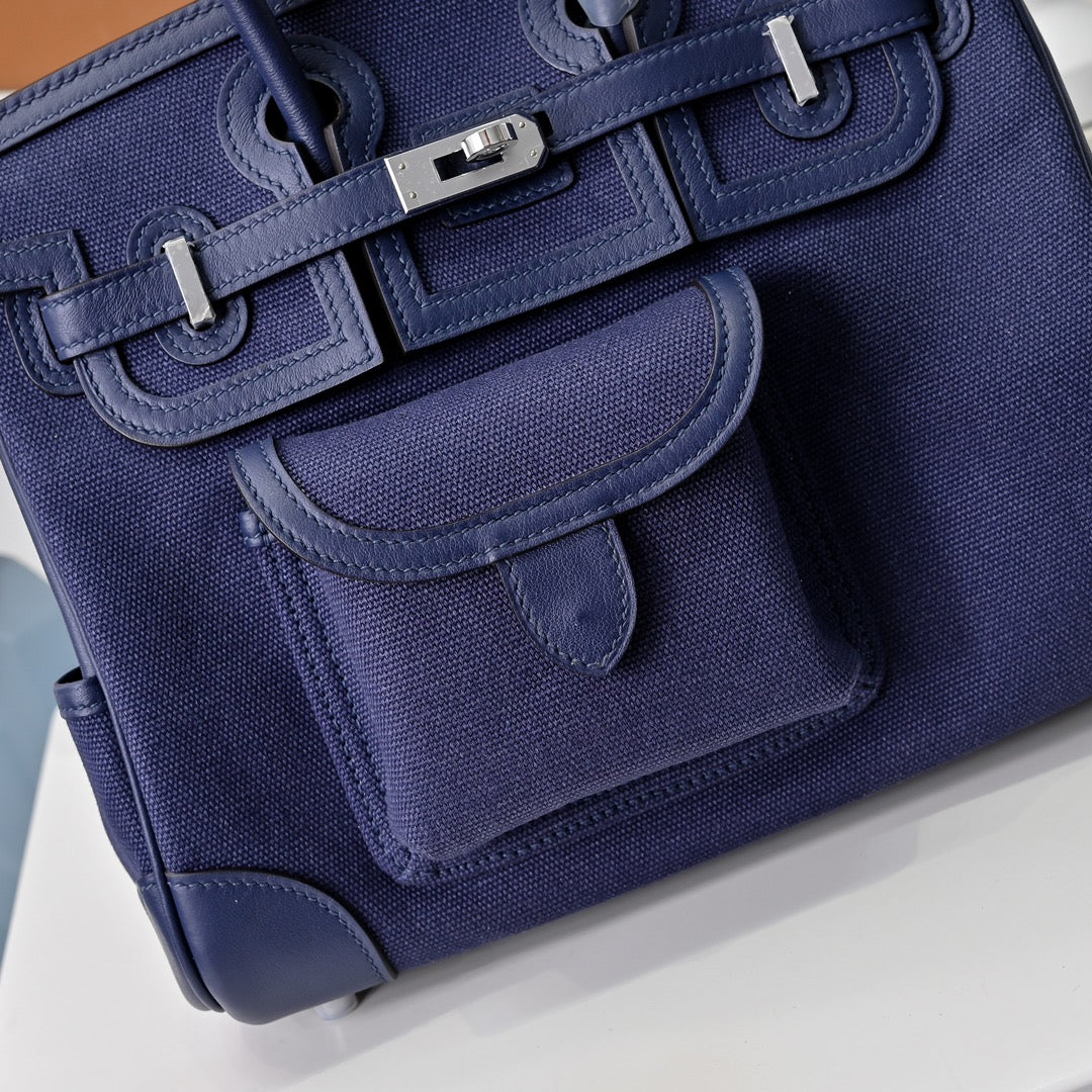 Birkin Cargo 25 Navy Blue Swift Leather and Canvas Splicing Bag
