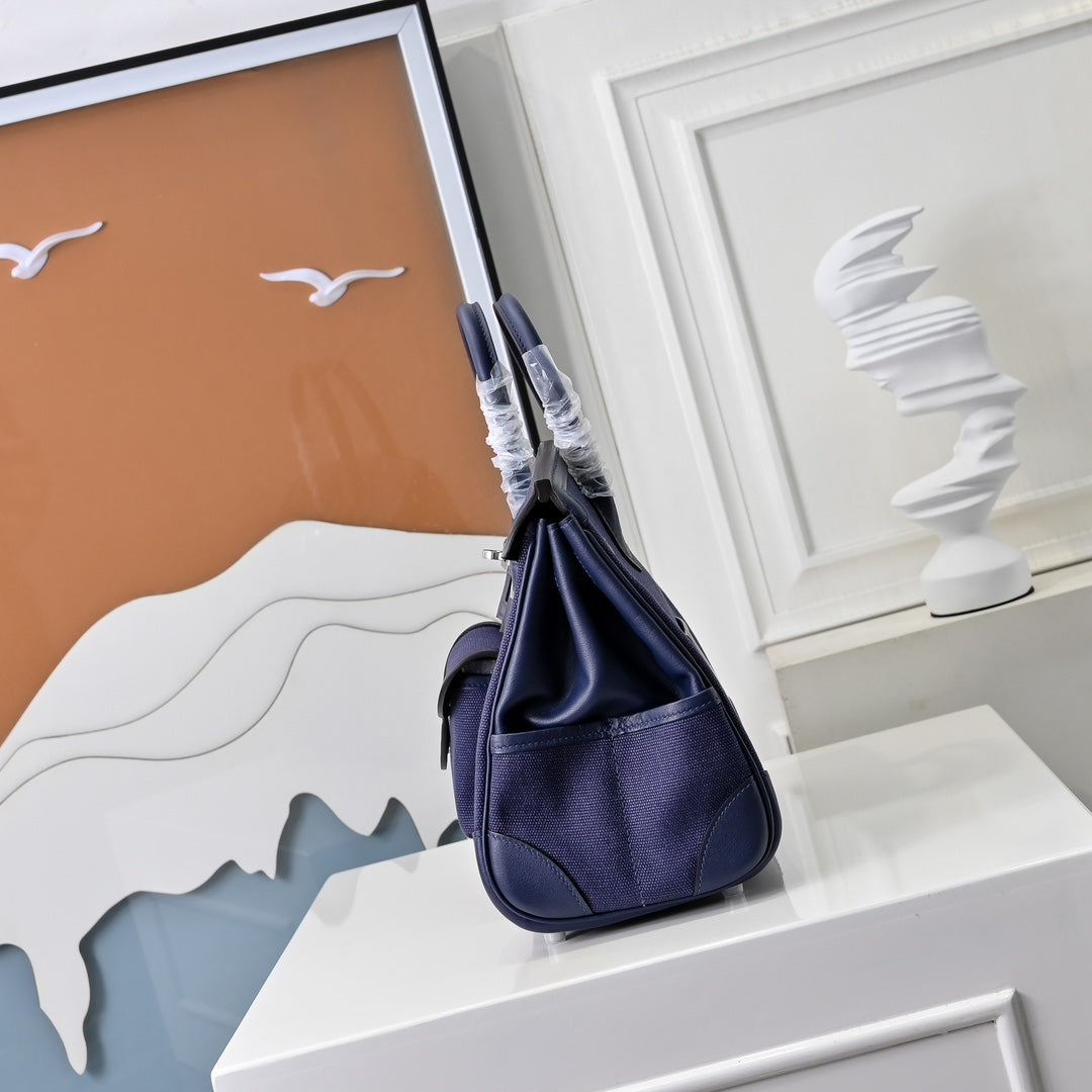 Birkin Cargo 25 Navy Blue Swift Leather and Canvas Splicing Bag