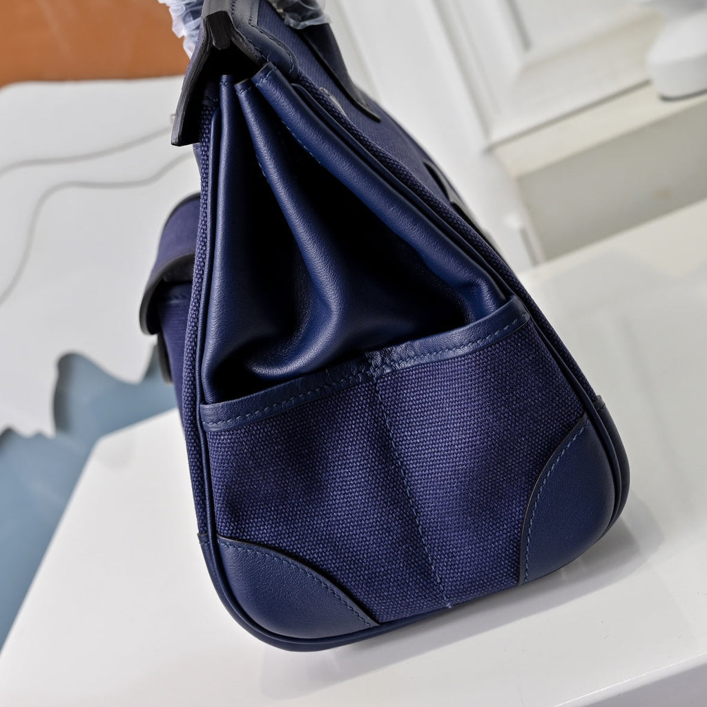 Birkin Cargo 25 Navy Blue Swift Leather and Canvas Splicing Bag