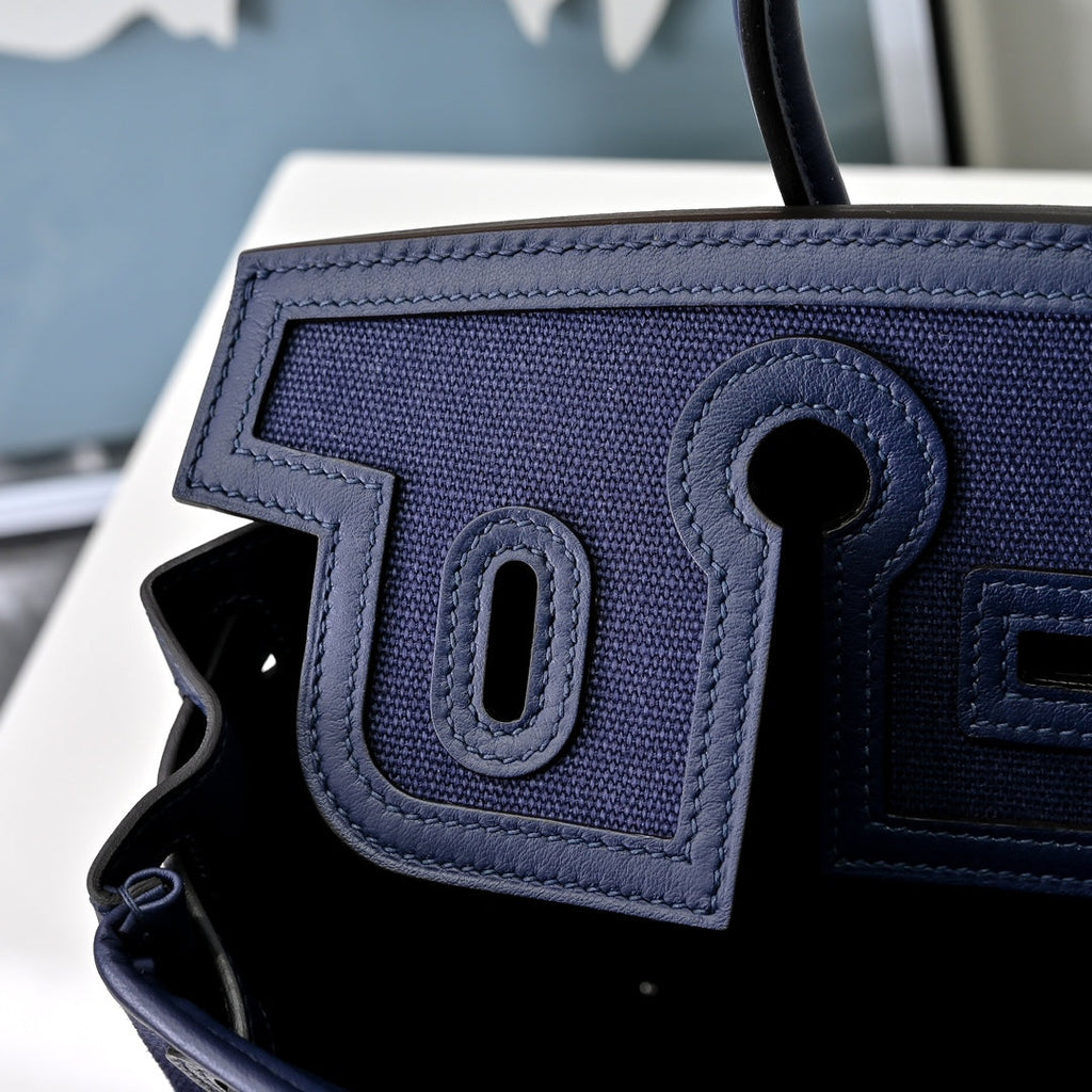 Birkin Cargo 25 Navy Blue Swift Leather and Canvas Splicing Bag