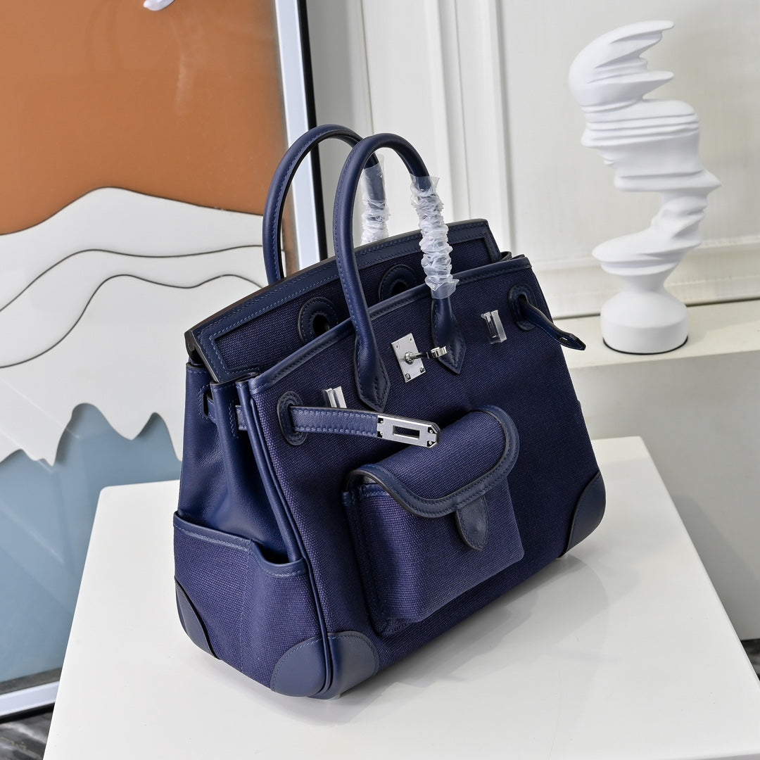 Birkin Cargo 25 Navy Blue Swift Leather and Canvas Splicing Bag