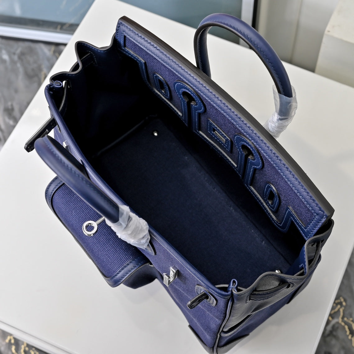 Birkin Cargo 25 Navy Blue Swift Leather and Canvas Splicing Bag