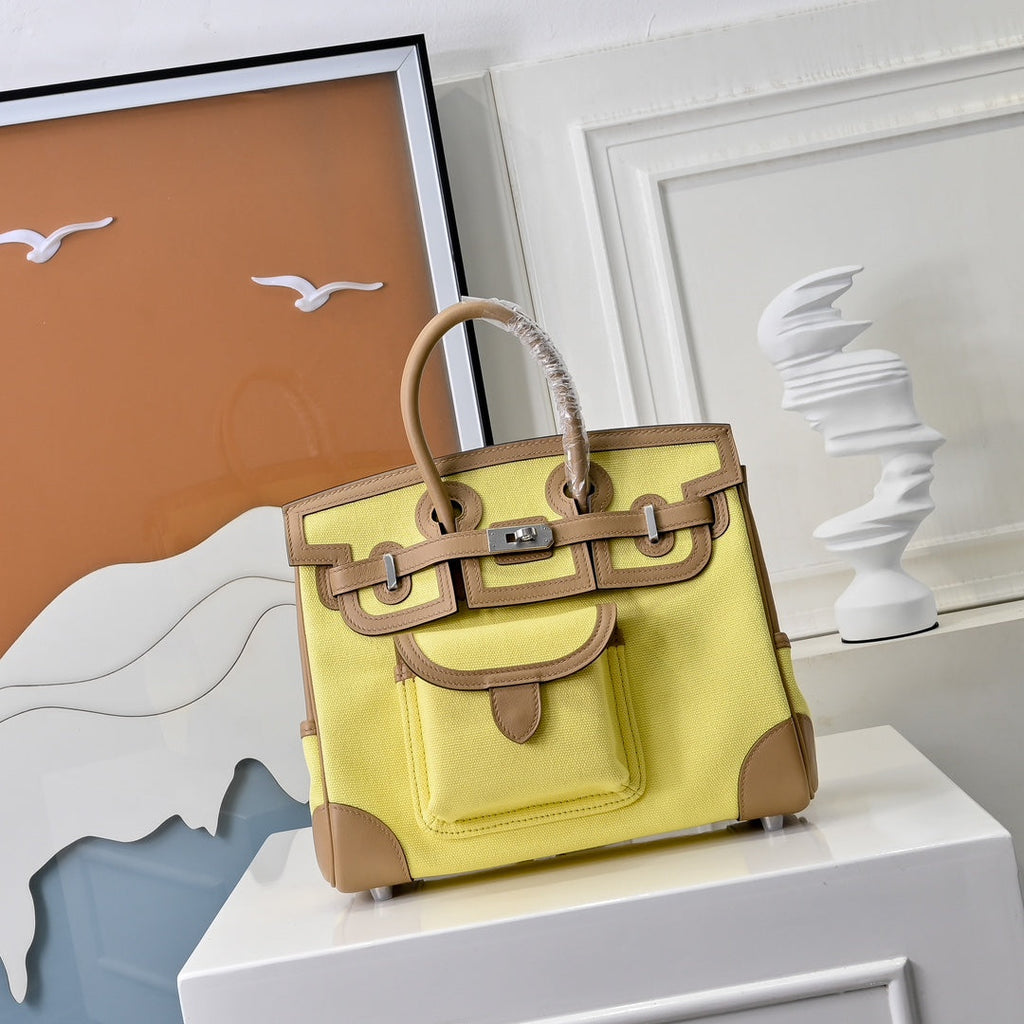 Birkin Cargo 25 Sesame and Lime Yellow Swift Leather Splicing Canvas Bag