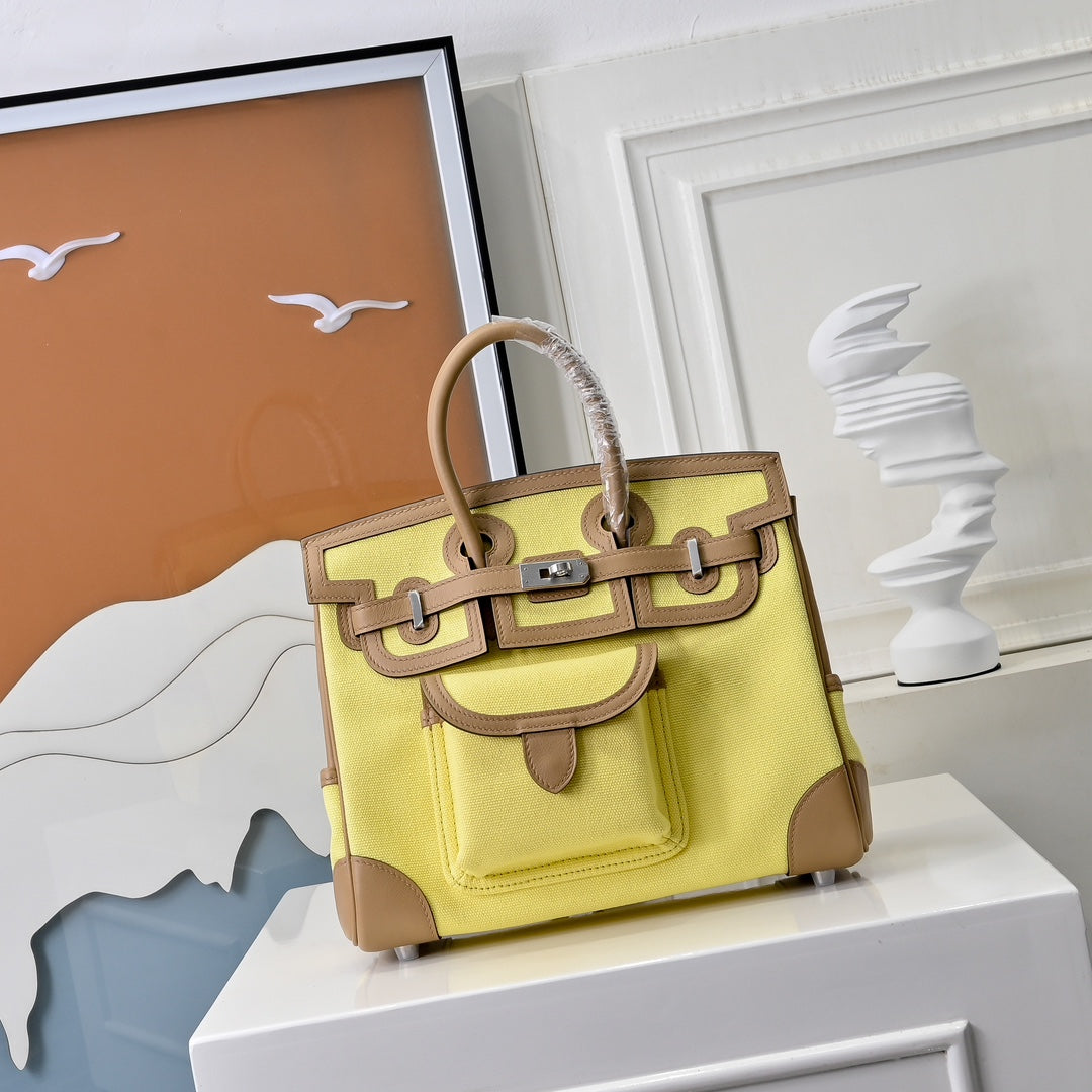Birkin Cargo 25 Sesame and Lime Yellow Swift Leather Splicing Canvas Bag