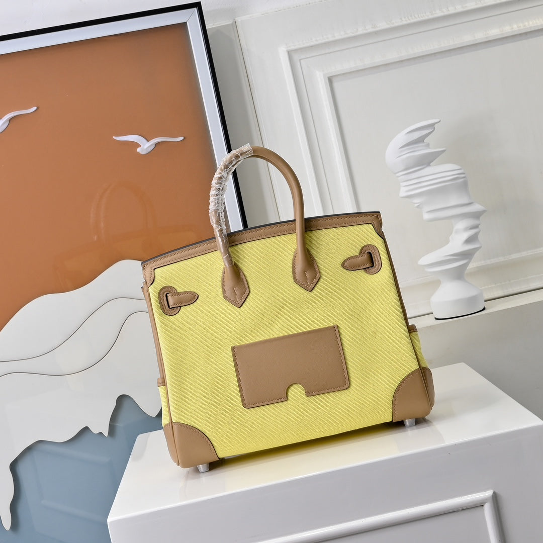 Birkin Cargo 25 Sesame and Lime Yellow Swift Leather Splicing Canvas Bag