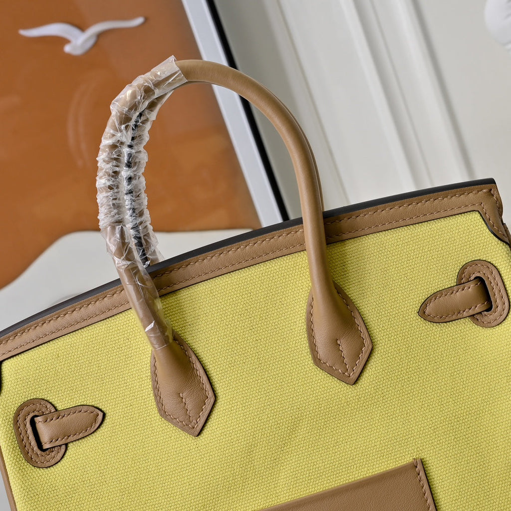 Birkin Cargo 25 Sesame and Lime Yellow Swift Leather Splicing Canvas Bag