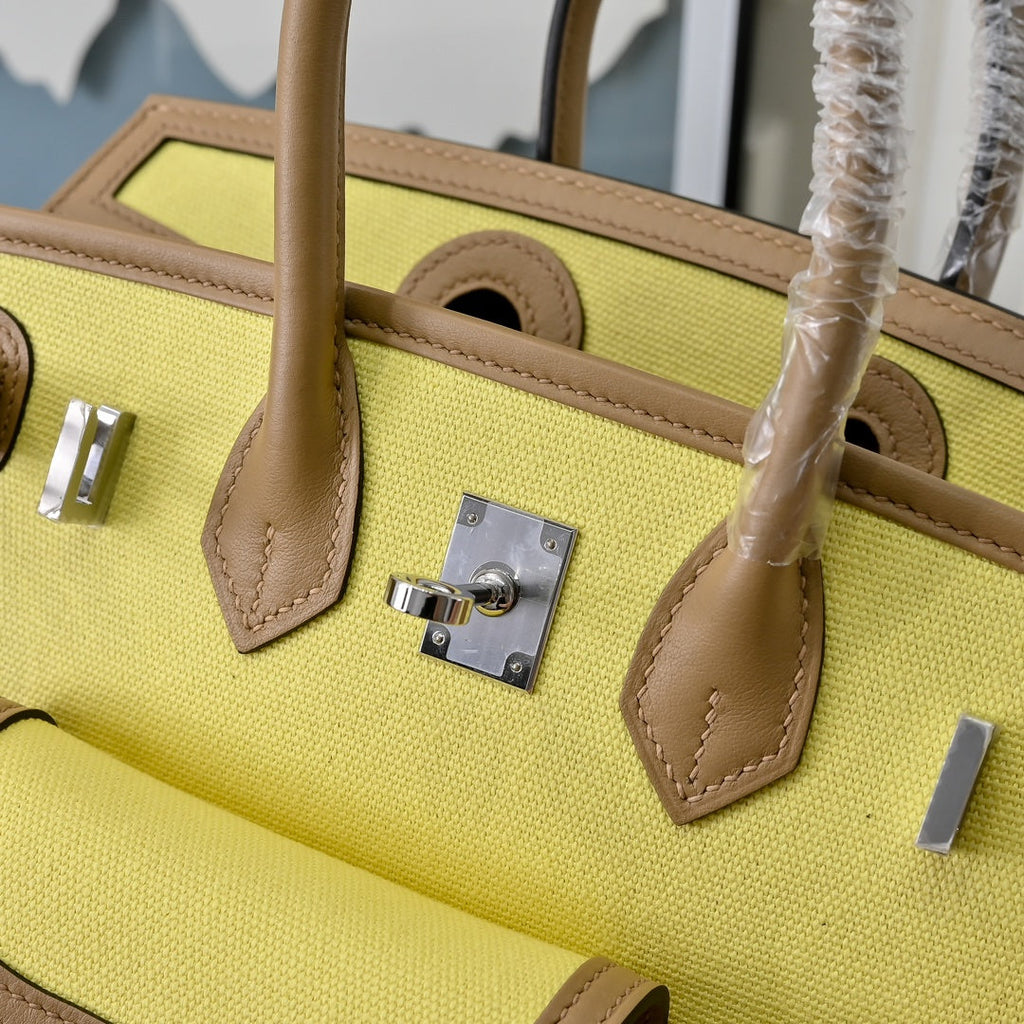Birkin Cargo 25 Sesame and Lime Yellow Swift Leather Splicing Canvas Bag