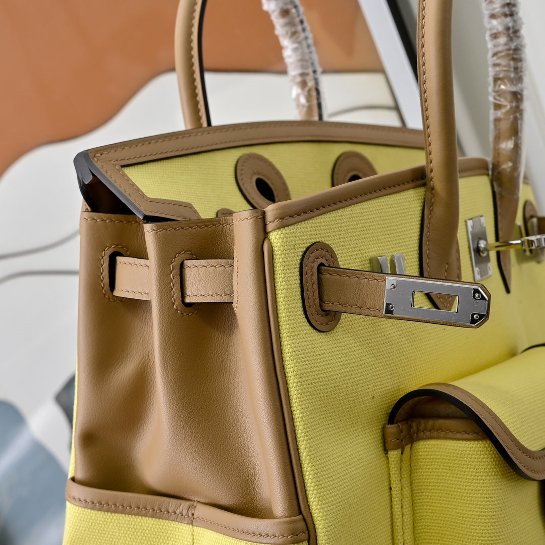 Birkin Cargo 25 Sesame and Lime Yellow Swift Leather Splicing Canvas Bag