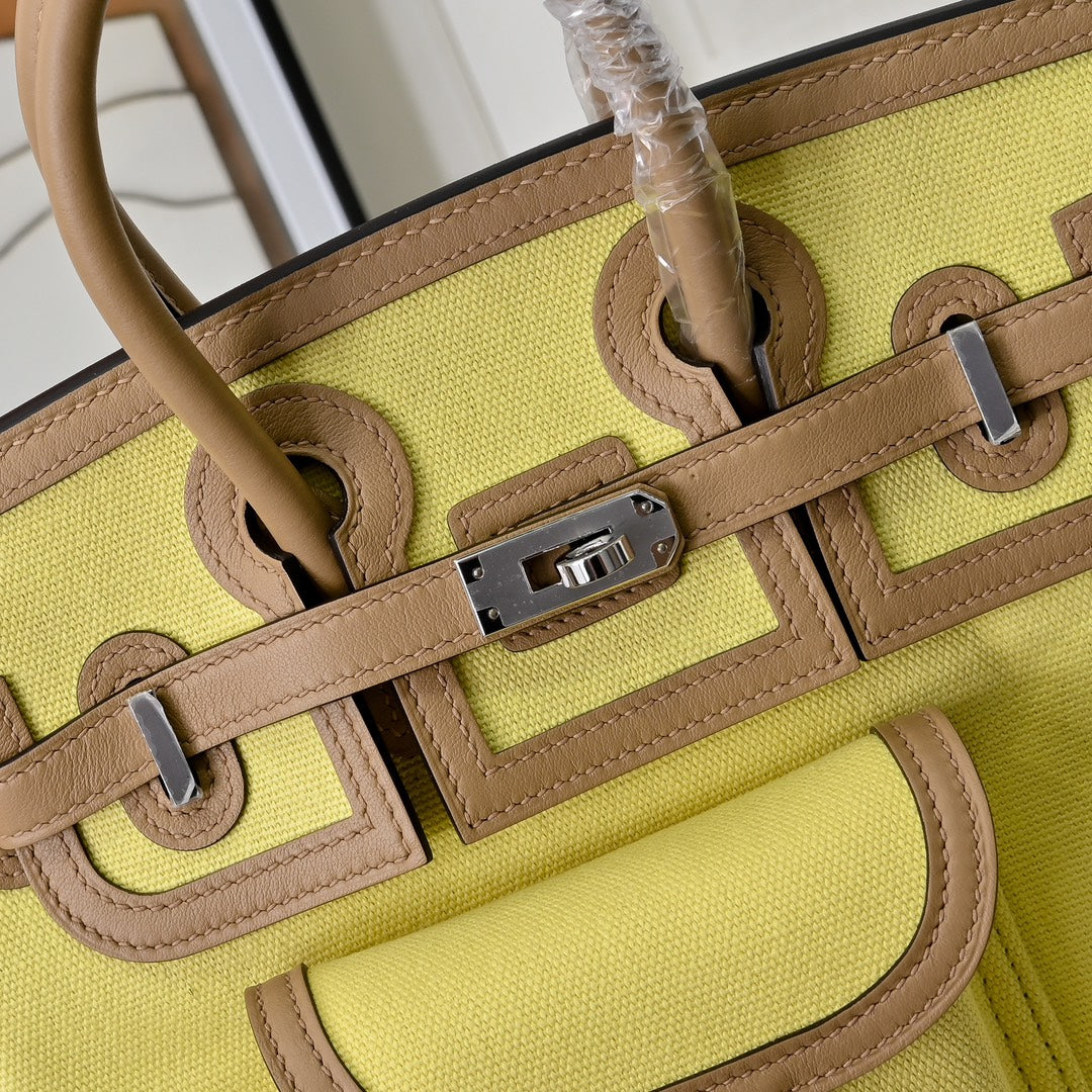 Birkin Cargo 25 Sesame and Lime Yellow Swift Leather Splicing Canvas Bag
