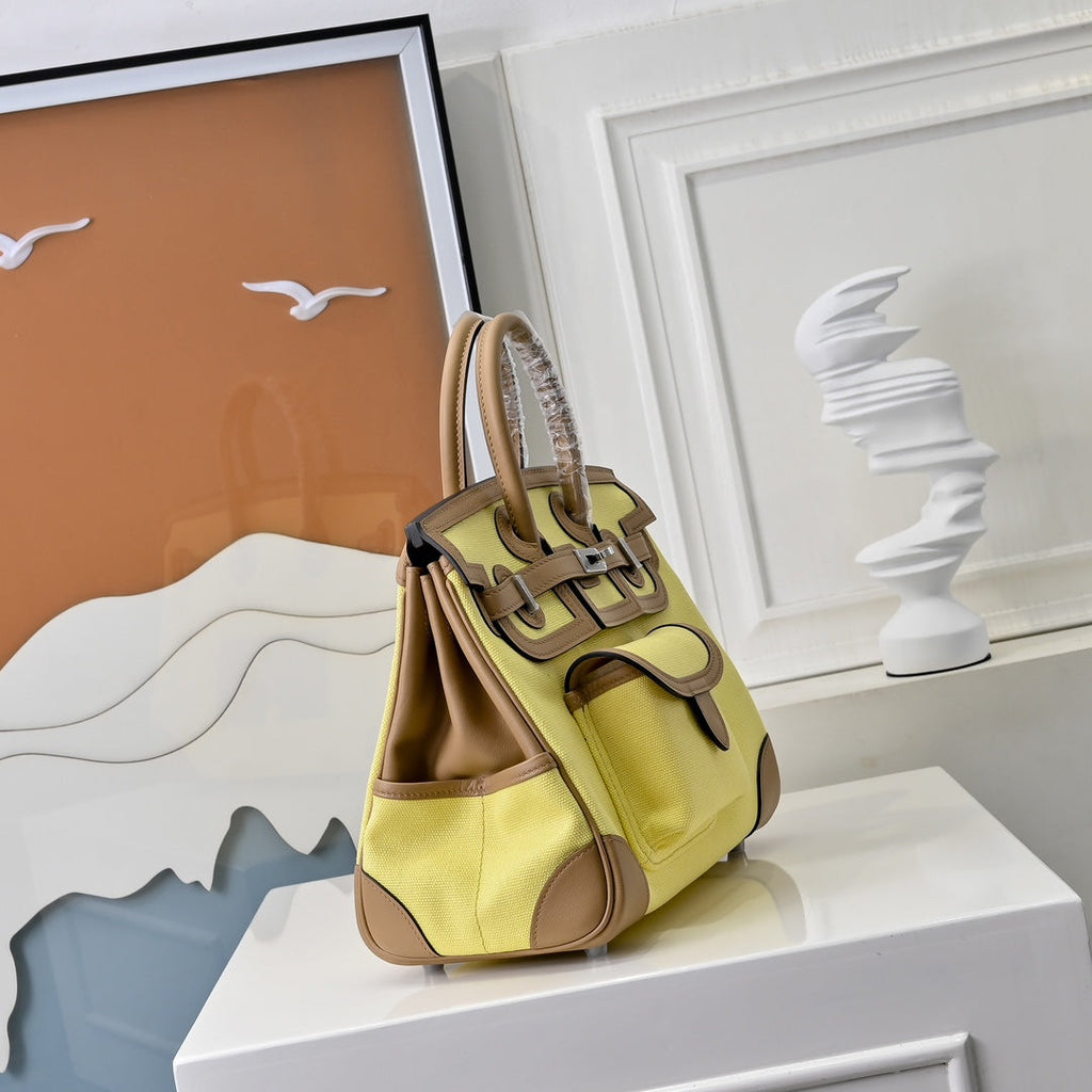 Birkin Cargo 25 Sesame and Lime Yellow Swift Leather Splicing Canvas Bag