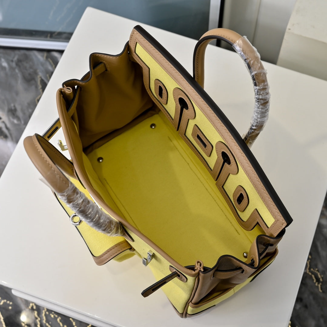 Birkin Cargo 25 Sesame and Lime Yellow Swift Leather Splicing Canvas Bag