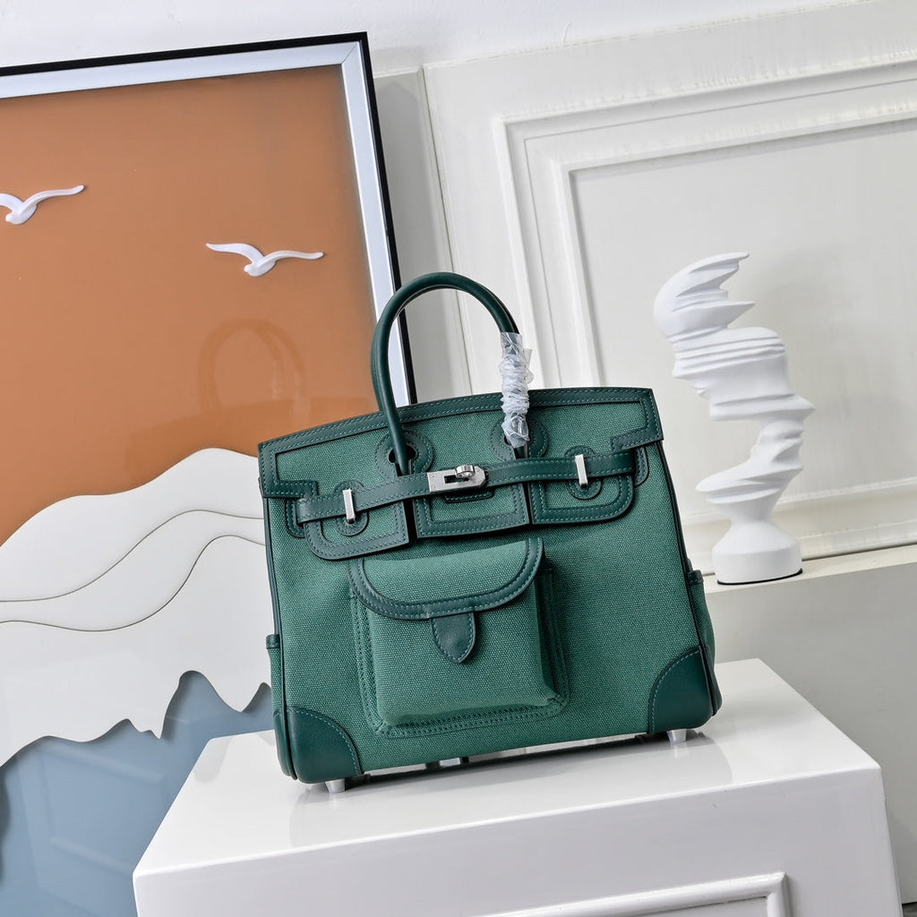 Birkin Cargo 25 Green Swift Leather and Canvas Splicing Bag
