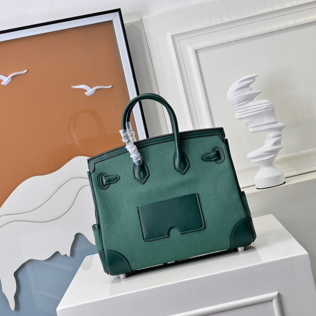 Birkin Cargo 25 Green Swift Leather and Canvas Splicing Bag