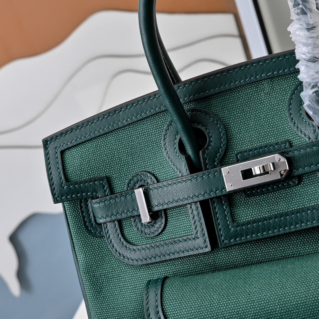 Birkin Cargo 25 Green Swift Leather and Canvas Splicing Bag