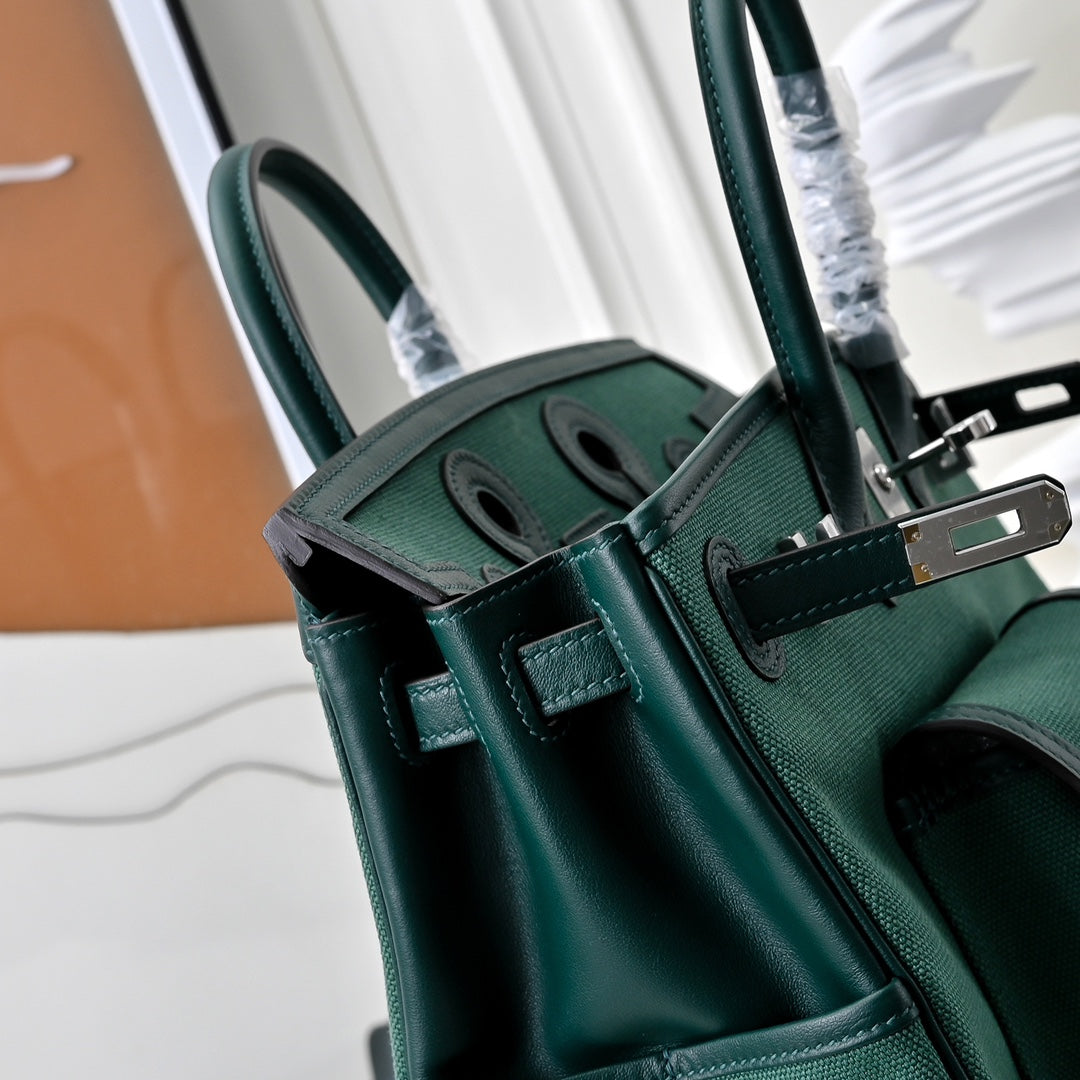 Birkin Cargo 25 Green Swift Leather and Canvas Splicing Bag