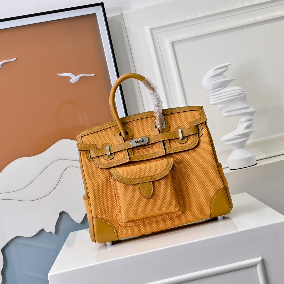 Birkin Cargo 25 Amber Yellow Swift Leather and Canvas Splicing Bag