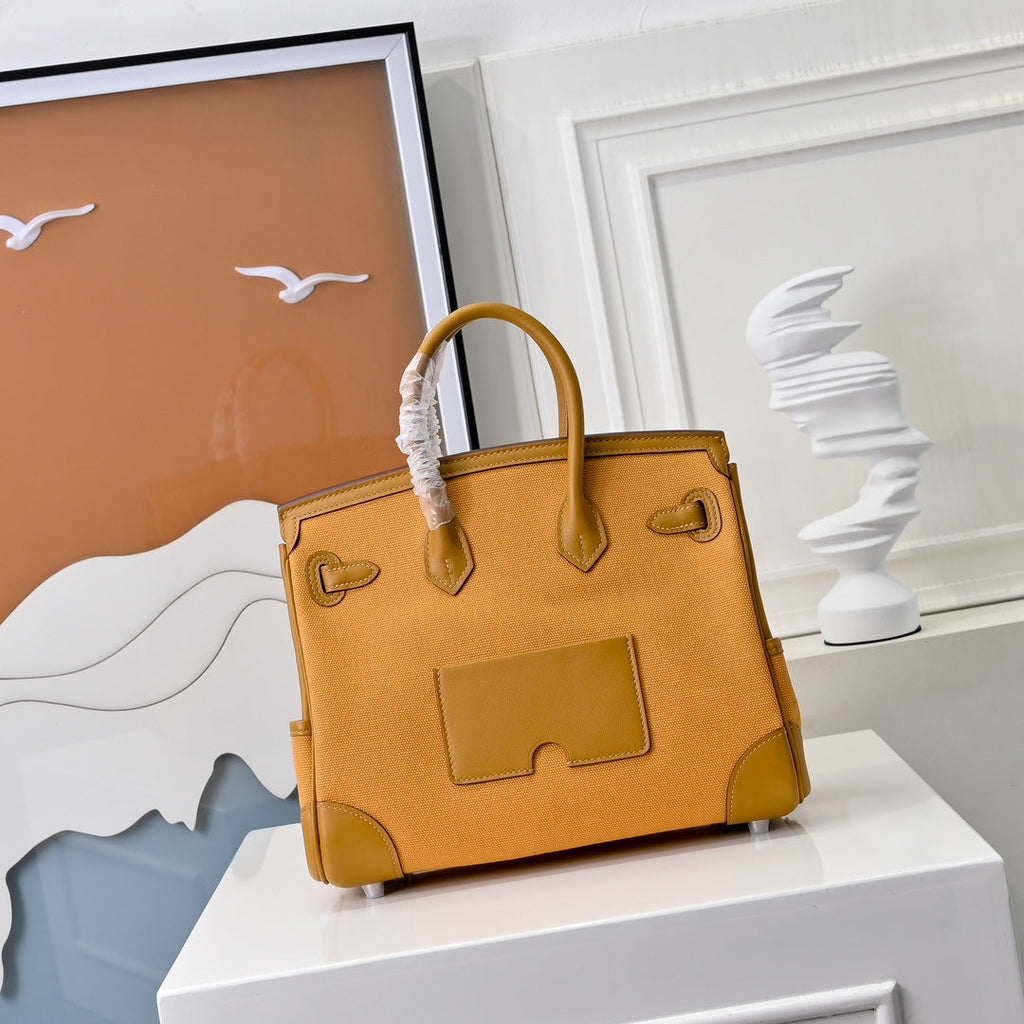 Birkin Cargo 25 Amber Yellow Swift Leather and Canvas Splicing Bag