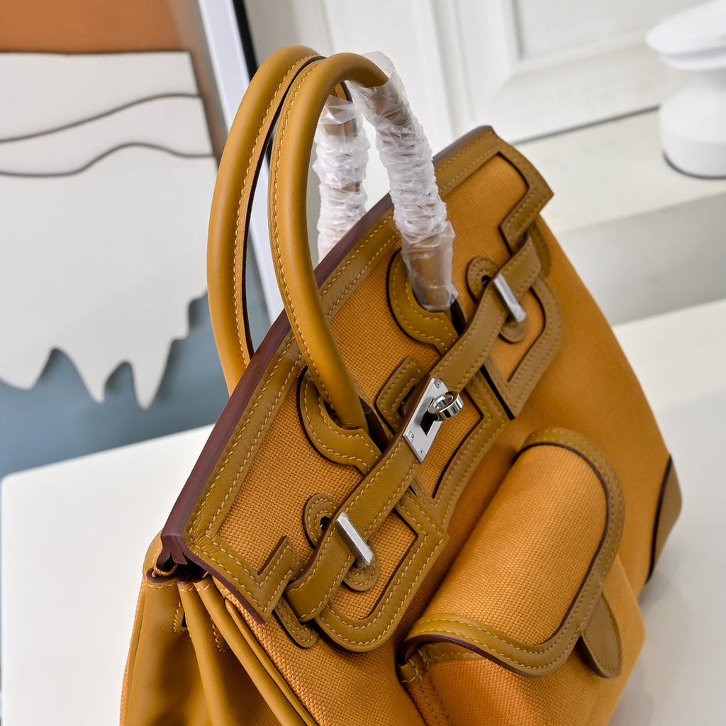 Birkin Cargo 25 Amber Yellow Swift Leather and Canvas Splicing Bag