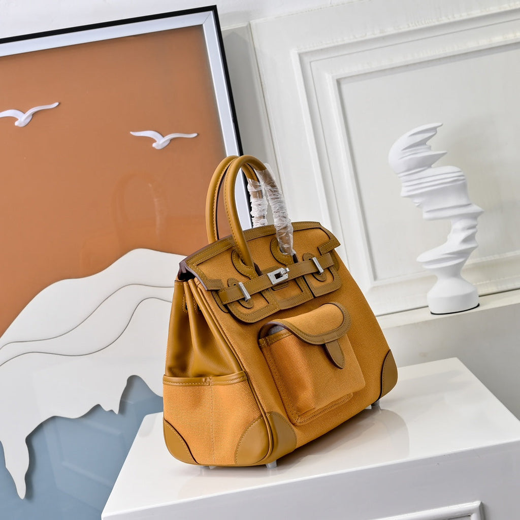 Birkin Cargo 25 Amber Yellow Swift Leather and Canvas Splicing Bag