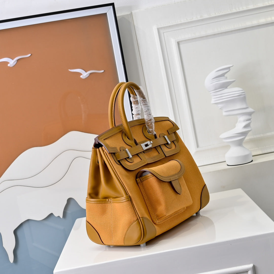 Birkin Cargo 25 Amber Yellow Swift Leather and Canvas Splicing Bag